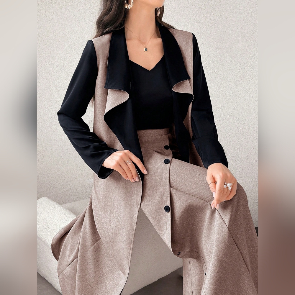2pcs Women's Color Block Long Sleeve Loose Long Jacket And Casual - Picture 2 of 8